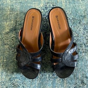 These 3” wedge sandals are so comfortable and stylish in black leather & cork